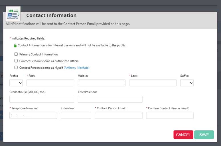 NPI Type 2 Contact Information Detailed View