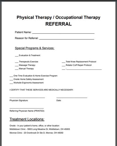 Example of a physical therapy referral pad.