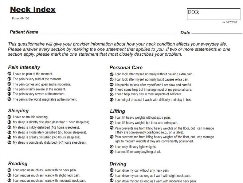 neck disability index screenshot